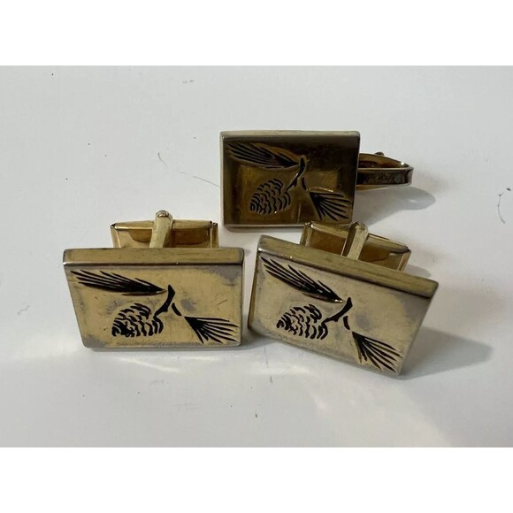 Tie Clip Cuff Links Vintage Pioneer Rustic Pine Cone Outdoors Nature Gold Tone - Picture 2 of 6